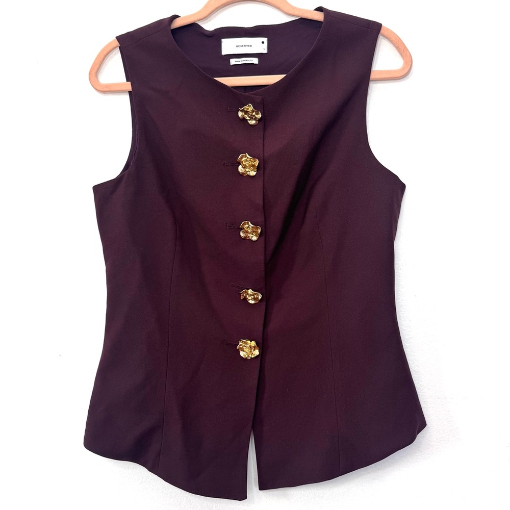 Reserved Burgundy Sleeveless Blouse Vest with Gold Accents Sz L